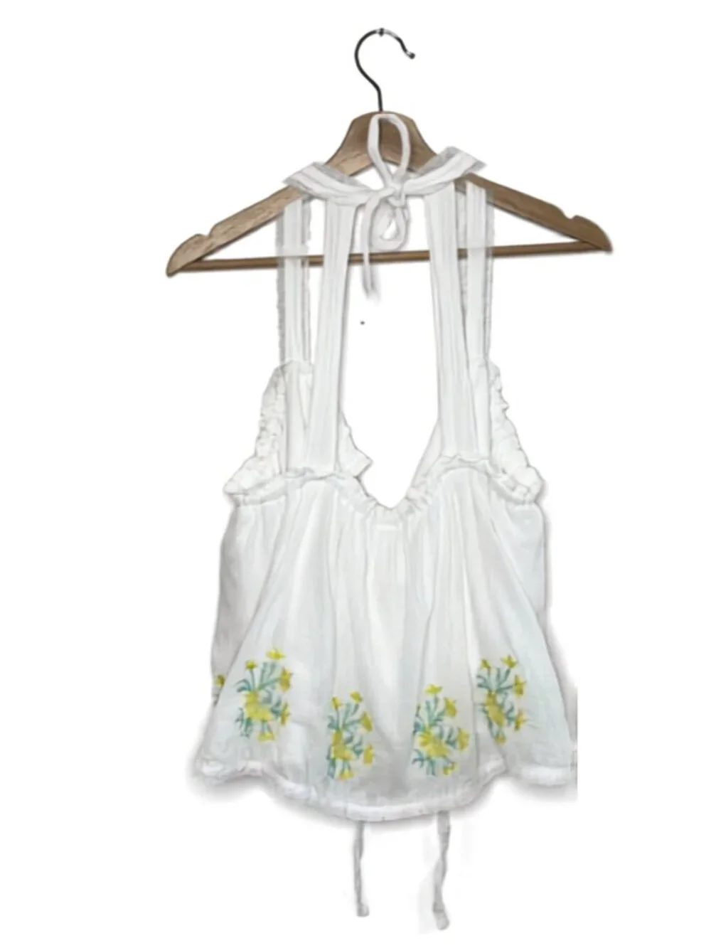 Free People White Embroidered Floral Boho Tank Ruffle Tie Neck Sleeveless Top S